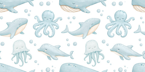 Seamless pattern with cute baby whale, sea animals, watercolor hand drawn isolated repeating design on white for kids © Elena