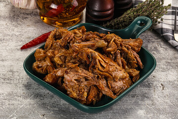 Shredded slow cooked pork meat