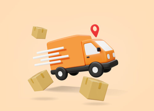 3D vector render illustration of an icon of a delivery truck running at high speed with parcel boxes floating around. Shipping of multiple items Coordinate pins convey precise delivery to the location