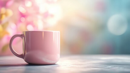 Fototapeta premium Pink cup on a blurred colorful background.