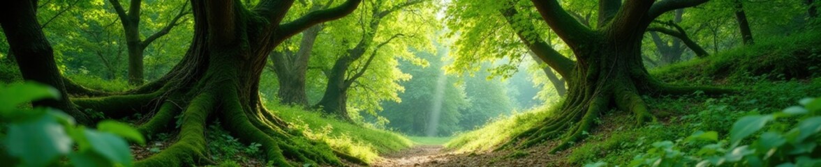 Fototapeta premium Overgrown willow branches with vines and moss, forest, earthy