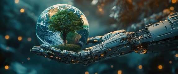 Futuristic Robot Hand Holding Earth with Tree Symbolizing Nature and Technology Connection in Beautiful Digital Environment