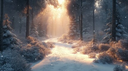 Obraz premium A peaceful snowy forest path with soft light filtering through the trees and fresh snow on the ground