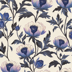 Seamless floral pattern with blue flowers and leaves