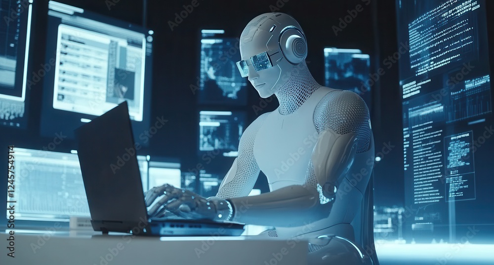 Poster futuristic robot typing on laptop in high-tech environment with digital screens showcasing data anal