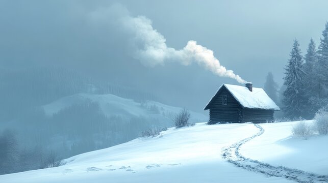 A peaceful winter landscape with snow-covered hills, a small wooden cabin, and a trail of smoke rising from the chimney 