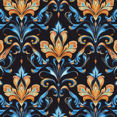 Ornate floral pattern with blue and orange hues