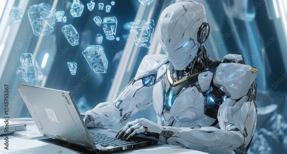 Poster futuristic robot working on laptop in high-tech environment, digital display of data and holograms, 