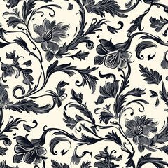 Seamless floral pattern with intricate black flowers