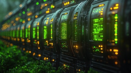 Close Up View of Futuristic Data Center with Neon Green Lights and Flickering Indicators in a Seamless Looping Animation