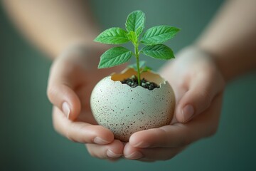 Sustainable Growth Hands Holding Seedling in Eggshells Eco-Friendly Education and Responsibility in Montessori Approach