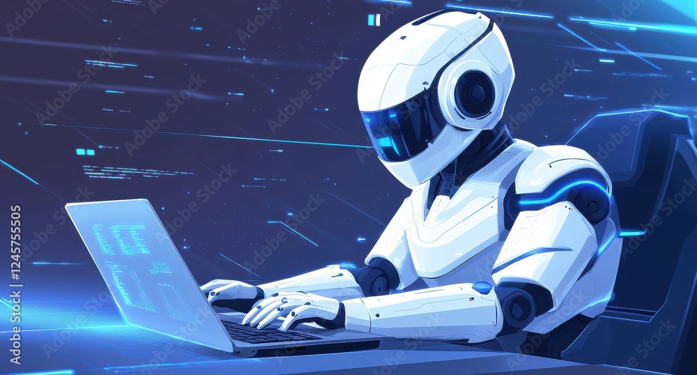Poster futuristic robot working on laptop with digital interface in a high-tech environment for technology 