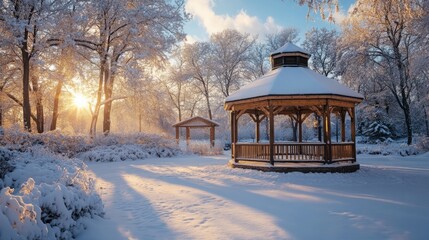 A peaceful winter scene with a snow-covered gazebo in the center of a snowy park