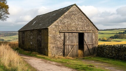 Rustic Stone Barn in a Scenic Countryside Landscape