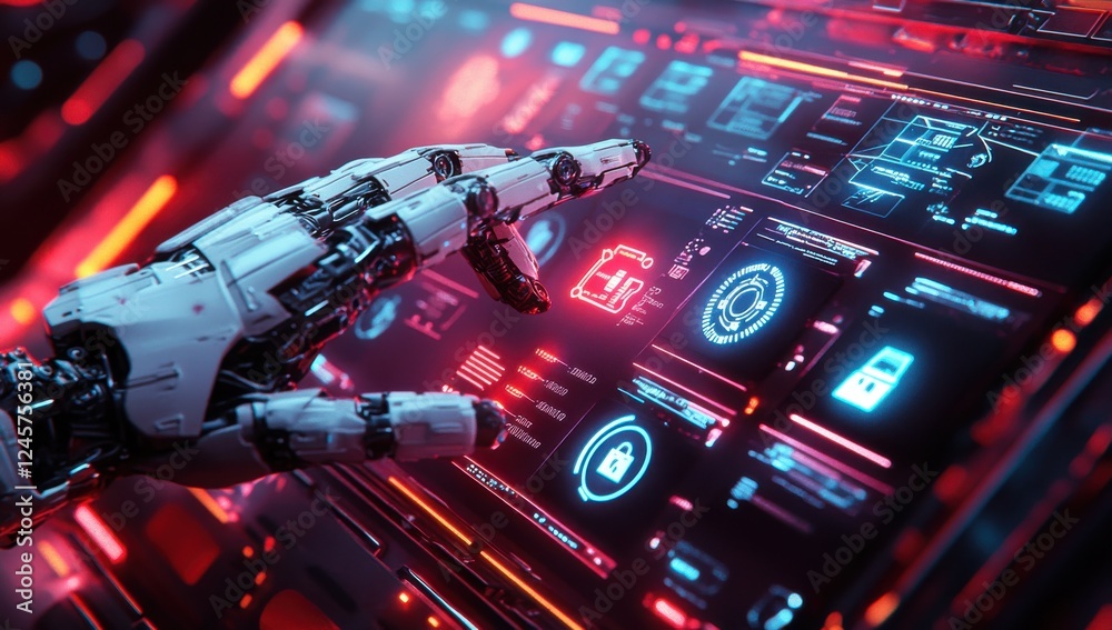Poster futuristic robotic hand interacting with advanced digital interface displaying glowing screens and h