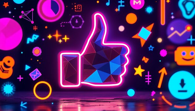 Vibrant Neon Thumbs Up Icon in a Futuristic Setting