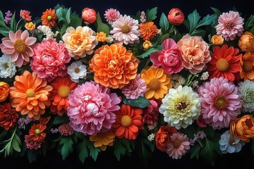 Peonies and Chrysanthemums Floral Arrangement on Black Background Vintage Style Decorative Bouquet