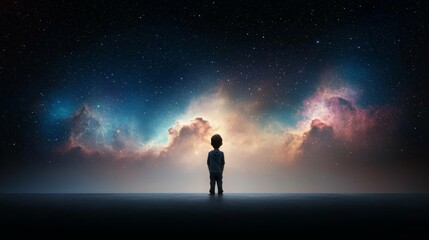Fototapeta premium Child Gazing at Stars with Notebook and Pen