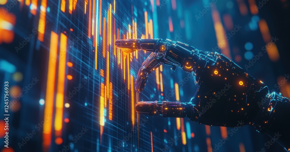 Poster futuristic robotic hand interacting with glowing data streams in a digital interface representing te