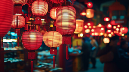 Obraz premium Red lanterns illuminate festive street scene