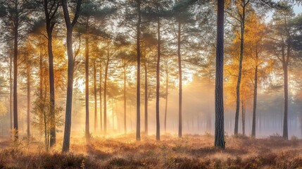 A misty forest at dawn, with tall trees covered in morning fog and diffused soft light, creating a bright background