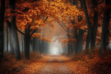 Autumnal forest path, misty morning, fall foliage, light at end