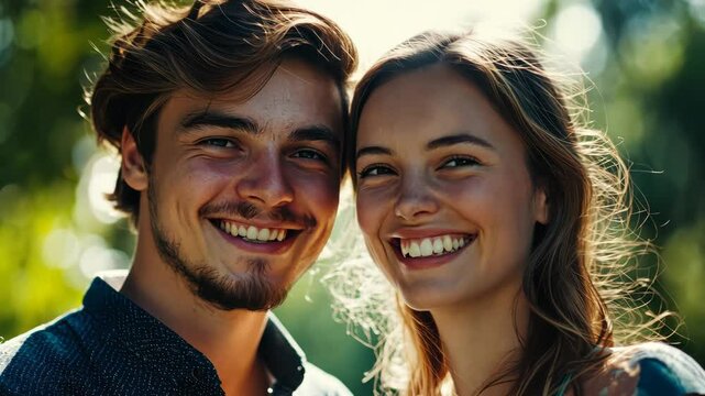 Joyful couple smiling in sunlit garden