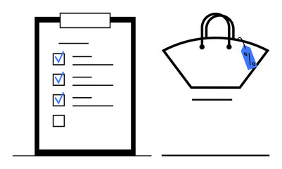 Clipboard with checklist of tasks and shopping tote bag with blue price tag. Ideal for productivity, organization, shopping planning, retail sales, consumer habits, task management, business