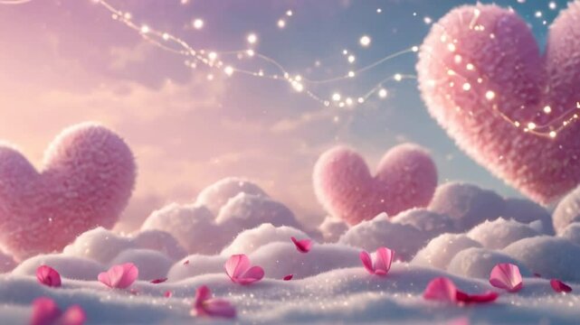 Whimsical pink heart-shaped objects among fluffy clouds with falling rose petals and twinkling fairy lights.