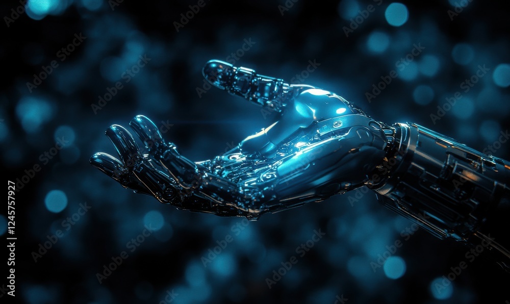 Poster futuristic robotic hand reaching out in a digital environment with a soft glowing backdrop and intri