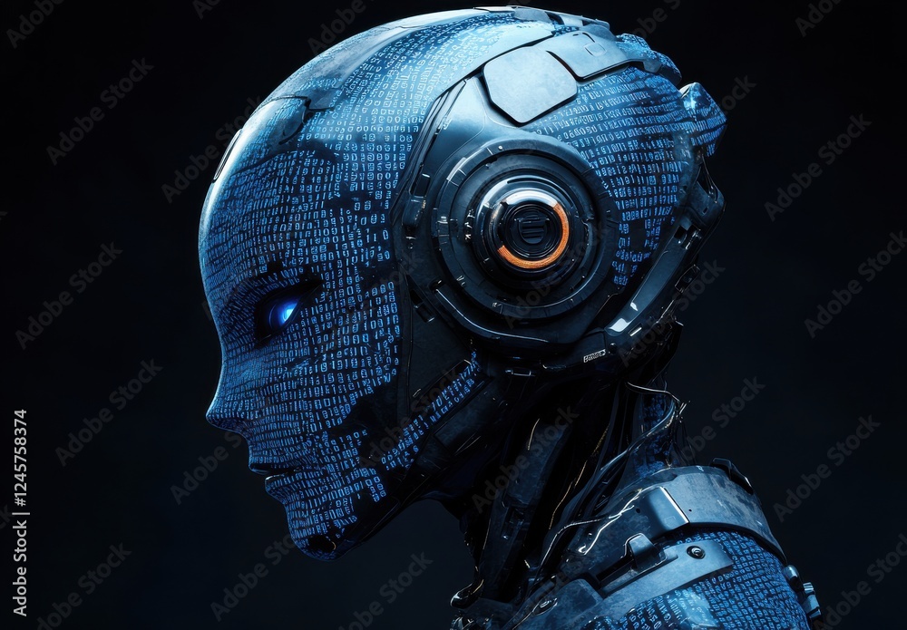 Poster futuristic robotic head with binary code patterns and glowing blue eyes, showcasing advanced technol