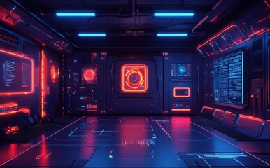 Obraz premium Futuristic Sci-Fi Interior with Neon Lights, High-Tech Walls, Glowing Interfaces, and Digital Elements in a Dark Environment