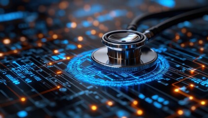 Futuristic Stethoscope on Digital Circuit Background Representing Healthcare Technology Innovation and Medical Data Management