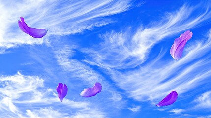 Purple petals float on a vibrant blue sky with swirling clouds; springtime serenity, ideal for design