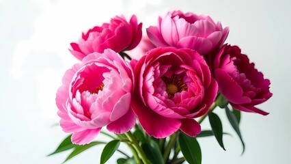 Bouquet of pink and red peonies in a vase on a white background, suitable for floral designs and postcards