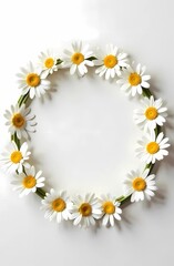 Obraz premium Wreath of spring daisies and daisies, flat surface, pastel background, simple and minimalistic floral design, postcard