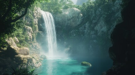 Lush jungle waterfall cascading into turquoise pool.  Background shows dense tropical foliage. Ideal for travel brochures