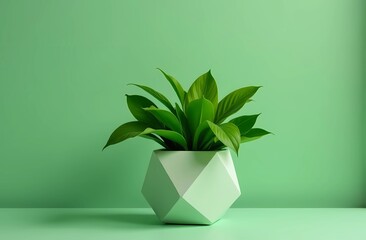Homemade flower in geometric pot on green background, minimalistic design