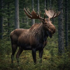Fototapeta premium A towering moose stands tall in the middle of a quiet forest. There were enormous antlers soaring into the sky. sunlight shining through leaves Red deer stag. Great red deer stag in a forest
