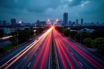 Fototapeta premium Crimson infrastructure highway pulses in urban time lapse , lines, dynamic