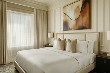 Luxurious Hotel Room Featuring a King Size Bed and Abstract Art