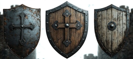 medieval wooden shield with cross design realistic illustration