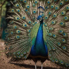 Obraz premium A vibrant peacock displaying its majestic tail feathers in the zoo garden.Colorful Peacock Displaying Feathers
