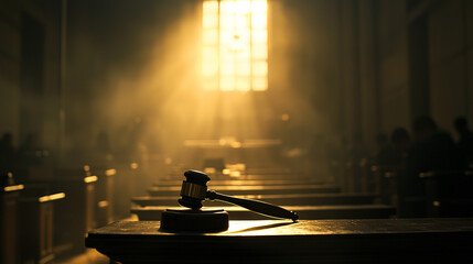 Obraz premium A grand wooden judge’s gavel resting on a polished courtroom desk, illuminated by soft, golden light, with blurred bookshelves filled with legal books in the background