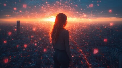 Network Technology Urban Woman Smartphone Futuristic City Digital Connection Sunset