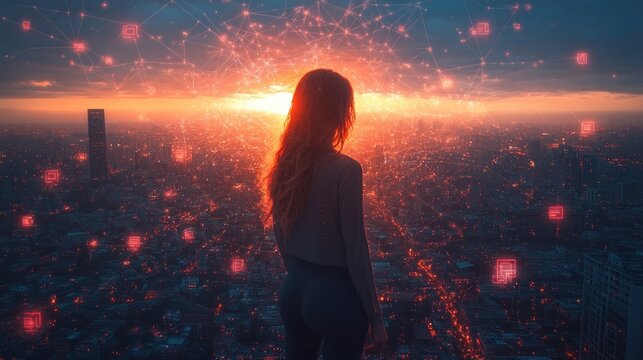 Network Technology Urban Woman Smartphone Futuristic City Digital Connection Sunset