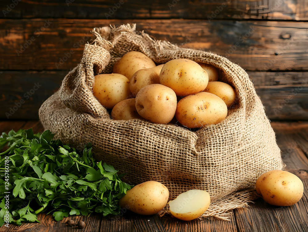 Wall mural Fresh potatoes in burlap sack, wooden background. Food photography for recipe blogs