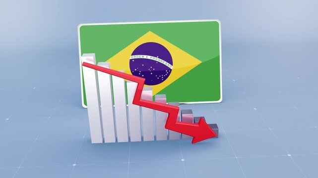 Brazil country flag and bar chart graph showing decreasing values a red arrow economic crisis concept. Flag of  Brazil