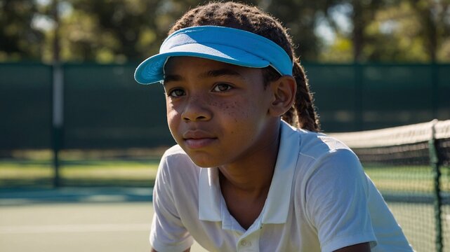Empowering young talent on the tennis court as a boy practices with focus and determination under the warm sun