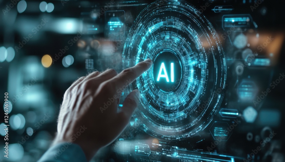 Poster hand interacting with futuristic digital interface featuring ai technology and data visualization in